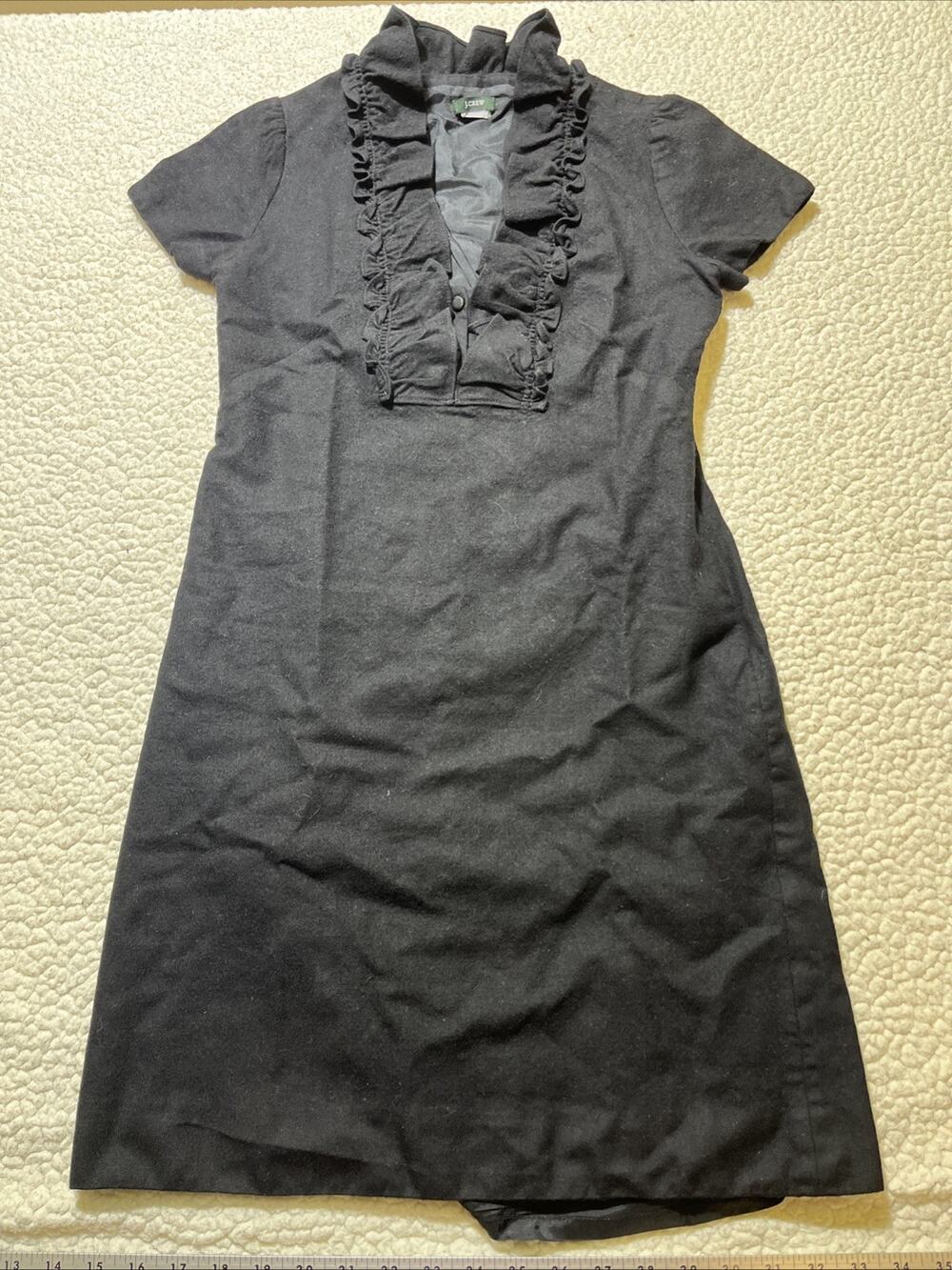 J.Crew Navy Wool Blend Ruffle Neck Sheath Dress Short Sleeve Pockets Size 0
